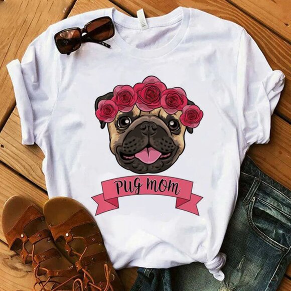 PUG MOM #3 Printed Round Neck Short-Sleeved Women T-Shirt Size LARGE - Picture 2 of 2